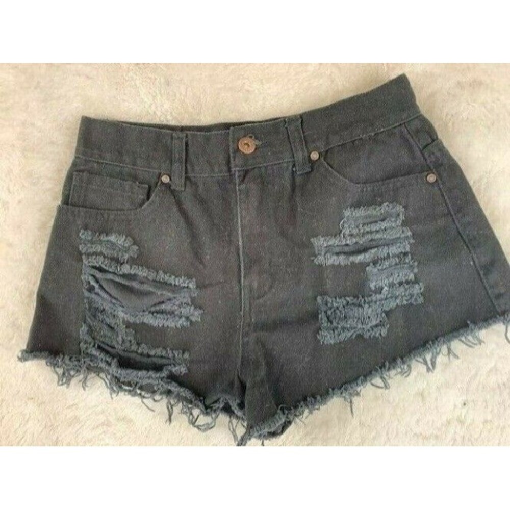 Forever 21 Womens Jeans Shorts Size 26 Black Distressed Torn Ripped High Rise